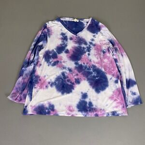 Urban Diction Top Women's Plus 3X Purple Pink White Tie Dye V Neck Long Sleeve
